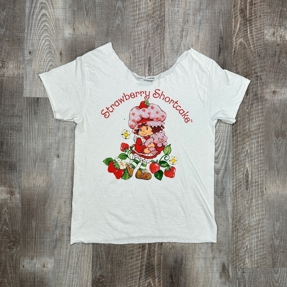 Strawberry Shortcake & Custard Kitty White Cut Off Top T Shirt Size Small
